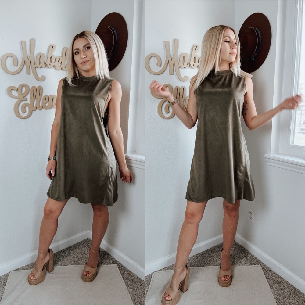 She + Sky olive green sueded high neck side cutout dress size large